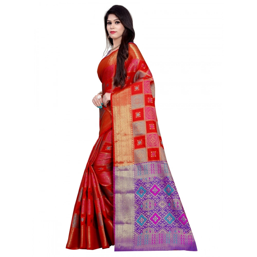 Generic Women's Banarasi Silk Saree With Blouse (Red, 5-6 Mtrs)