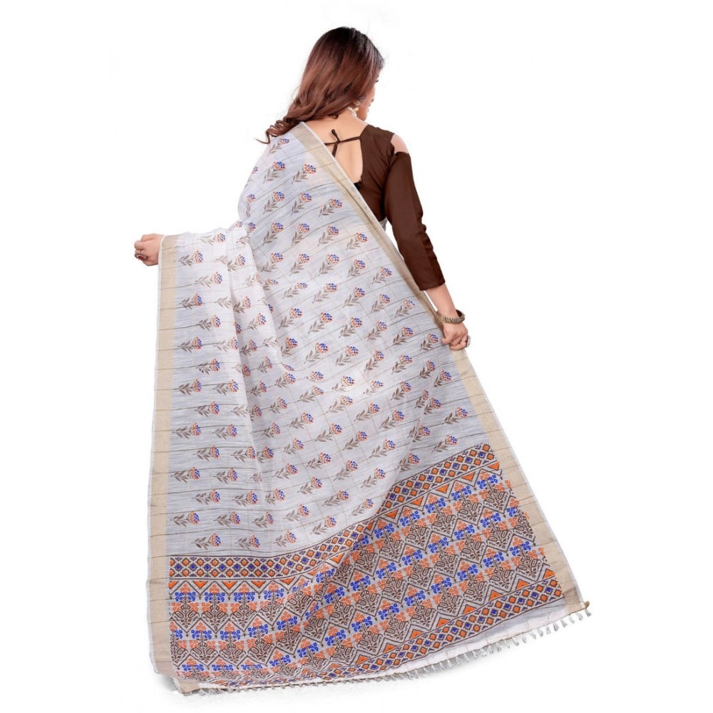 Generic Women's Cotton Blend Saree(White ,5-6Mtrs)