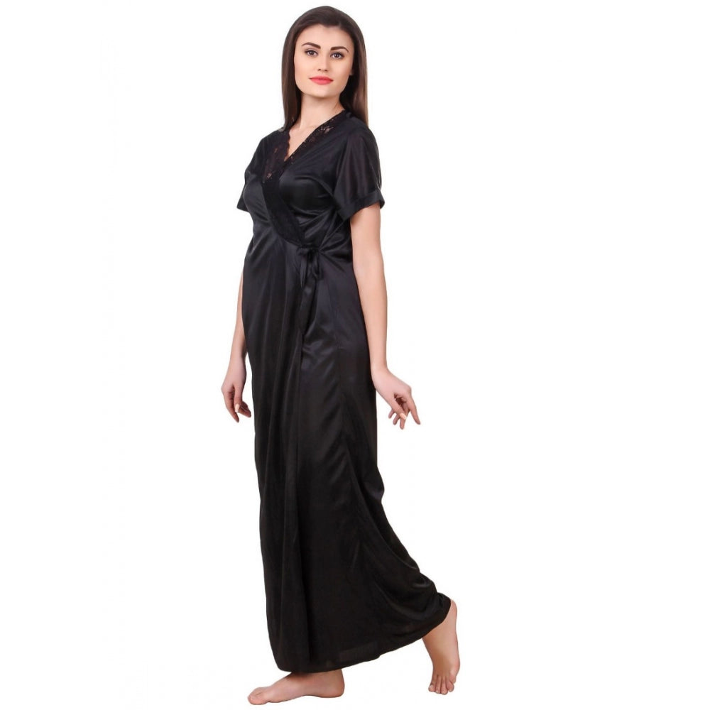 Women's Satin 2 PCs Set of Nighty And Wrap Gown with Half Sleeve(Color: Black, Neck Type: Sweatheart Neck)