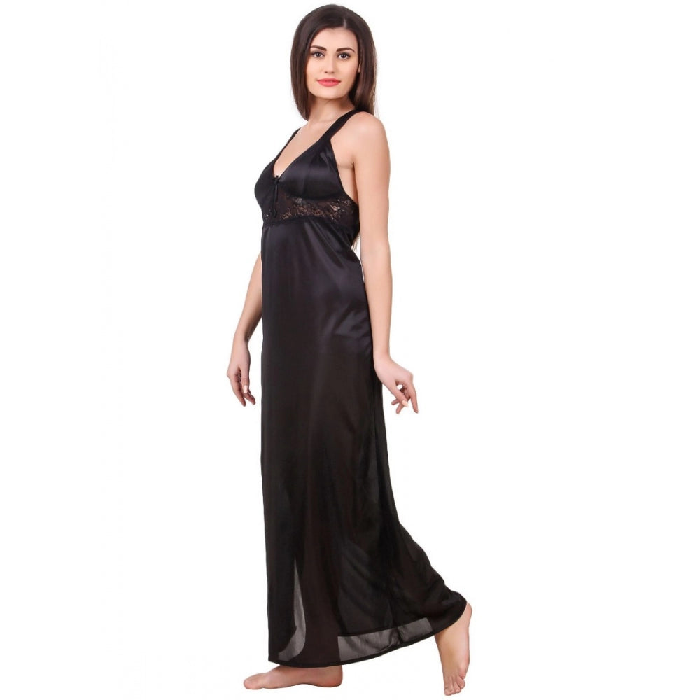 Women's Satin 2 PCs Set of Nighty And Wrap Gown with Half Sleeve(Color: Black, Neck Type: Sweatheart Neck)