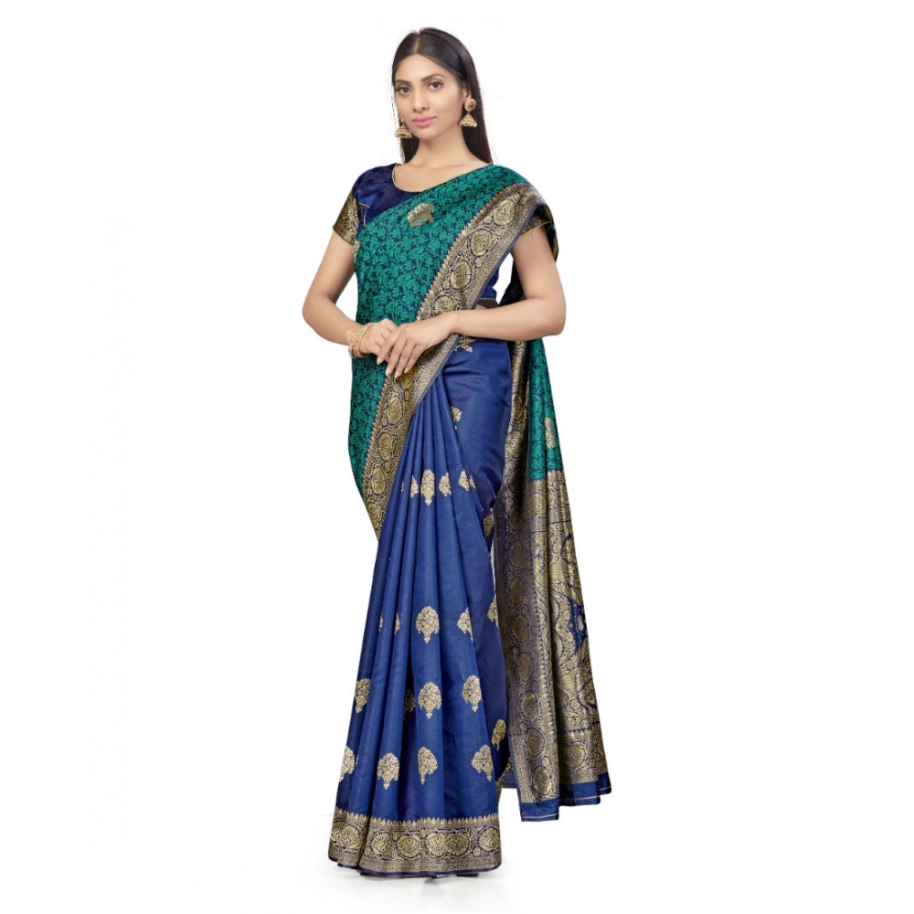 Generic Women's Banarasi Silk Saree With Blouse (Navy Blue, Rama, 5-6Mtrs)