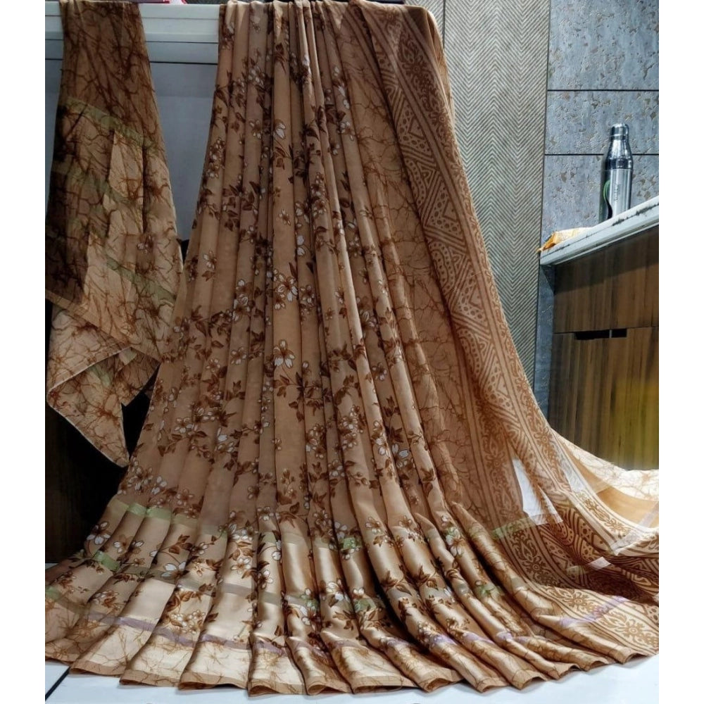 Generic Women's Satin Patta Printed Saree With Unstitched Blouse (Brown)