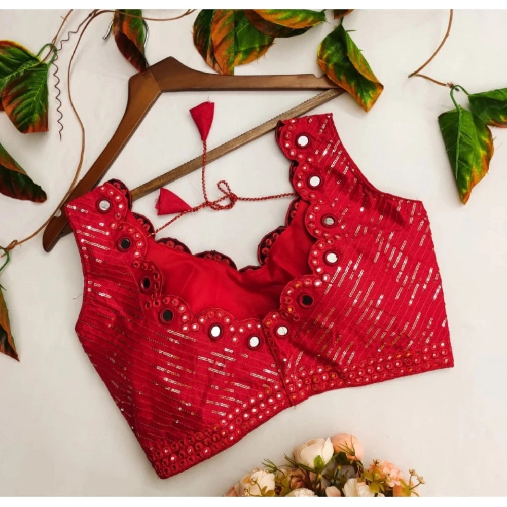 Generic Women's Cotton Silk Embellished Padded Cup Readymade Blouse (Red, Size: Free Size)