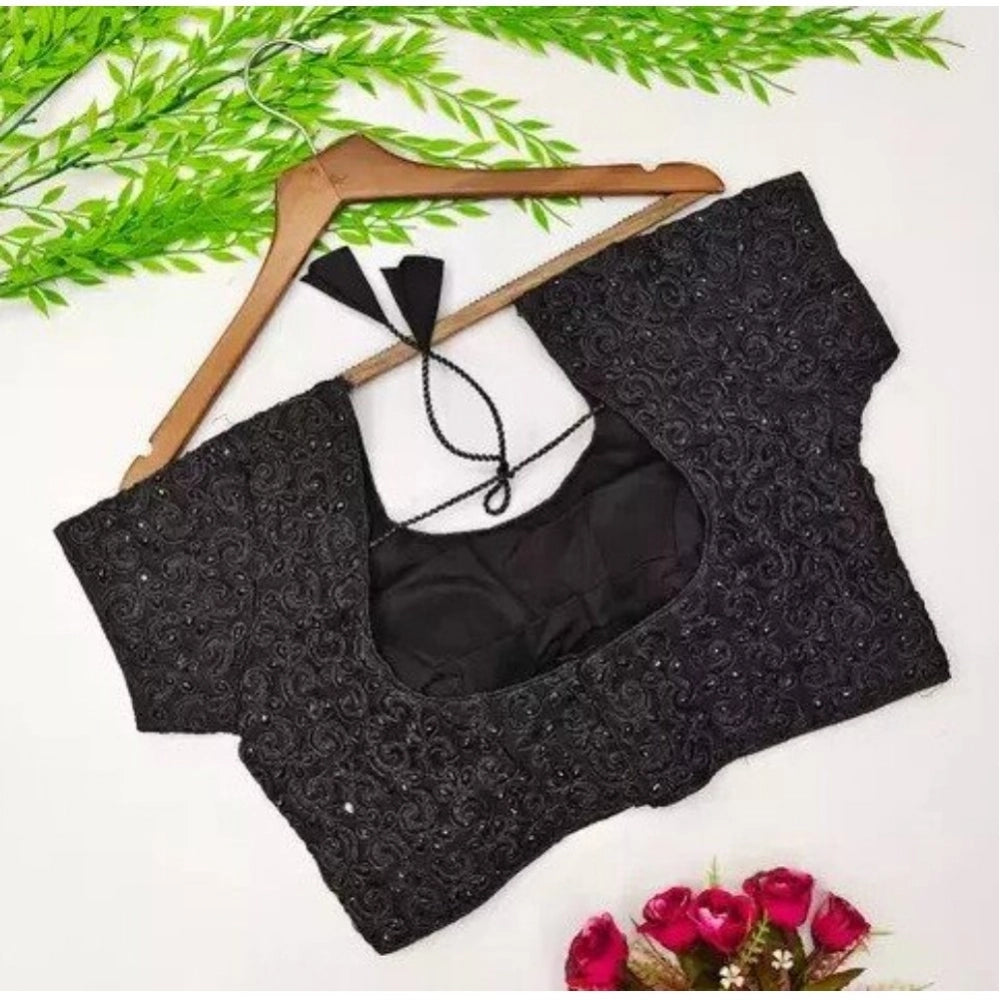 Generic Women's Silk Embroidered Padded Cup Readymade Blouse (Black, Size: Free Size)