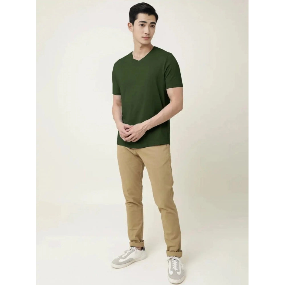 Generic Men's Casual Half sleeve Solid Cotton V Neck T-shirt (Olive)