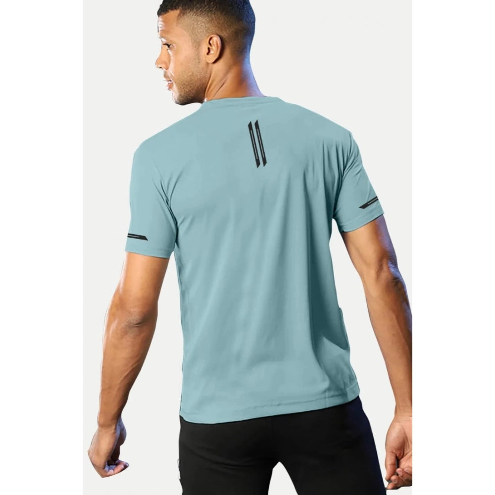 Generic Men's Casual Half sleeve Solid Polyester Crew Neck T-shirt (Turquoise Blue)