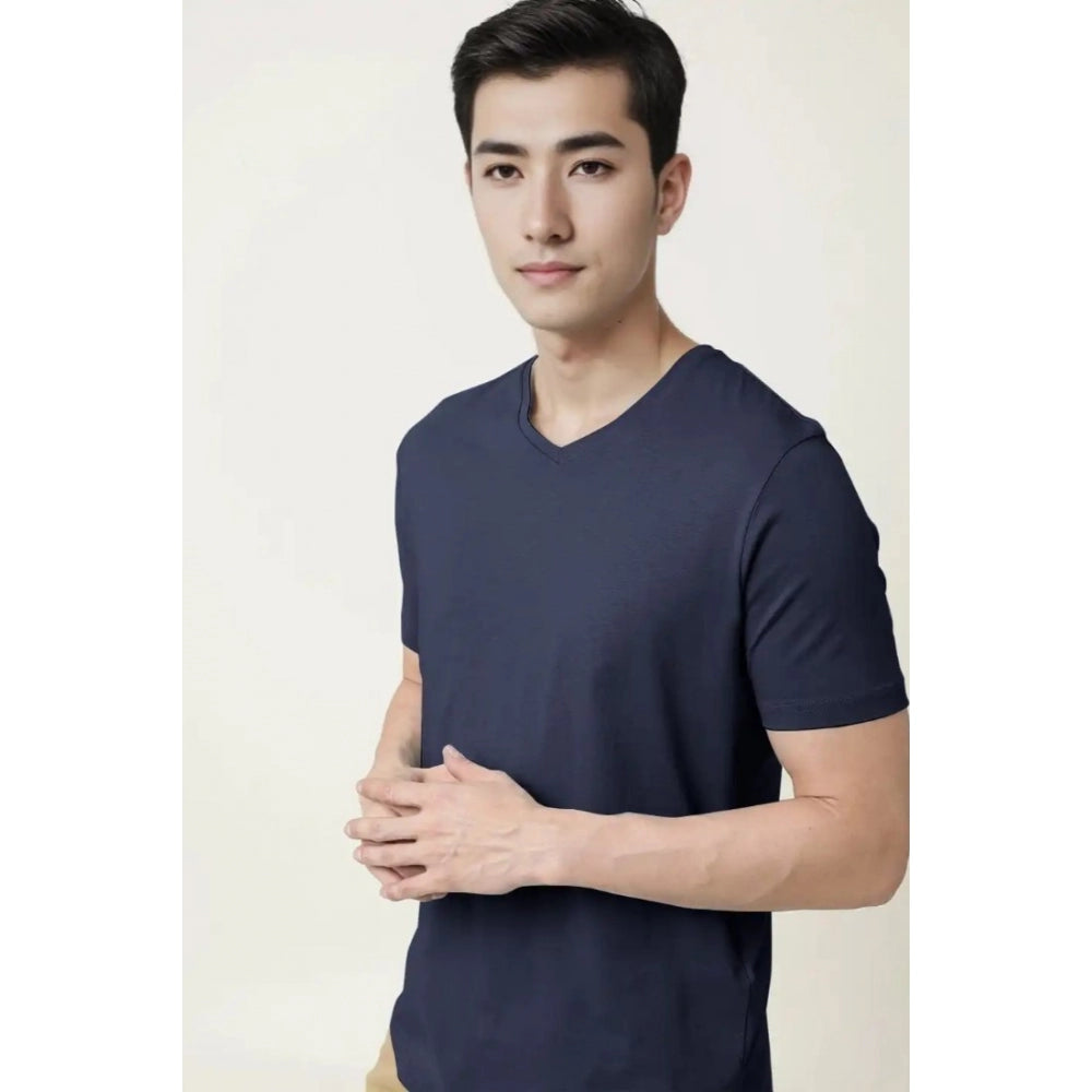 Generic Men's Casual Half sleeve Solid Cotton V Neck T-shirt (Navy)