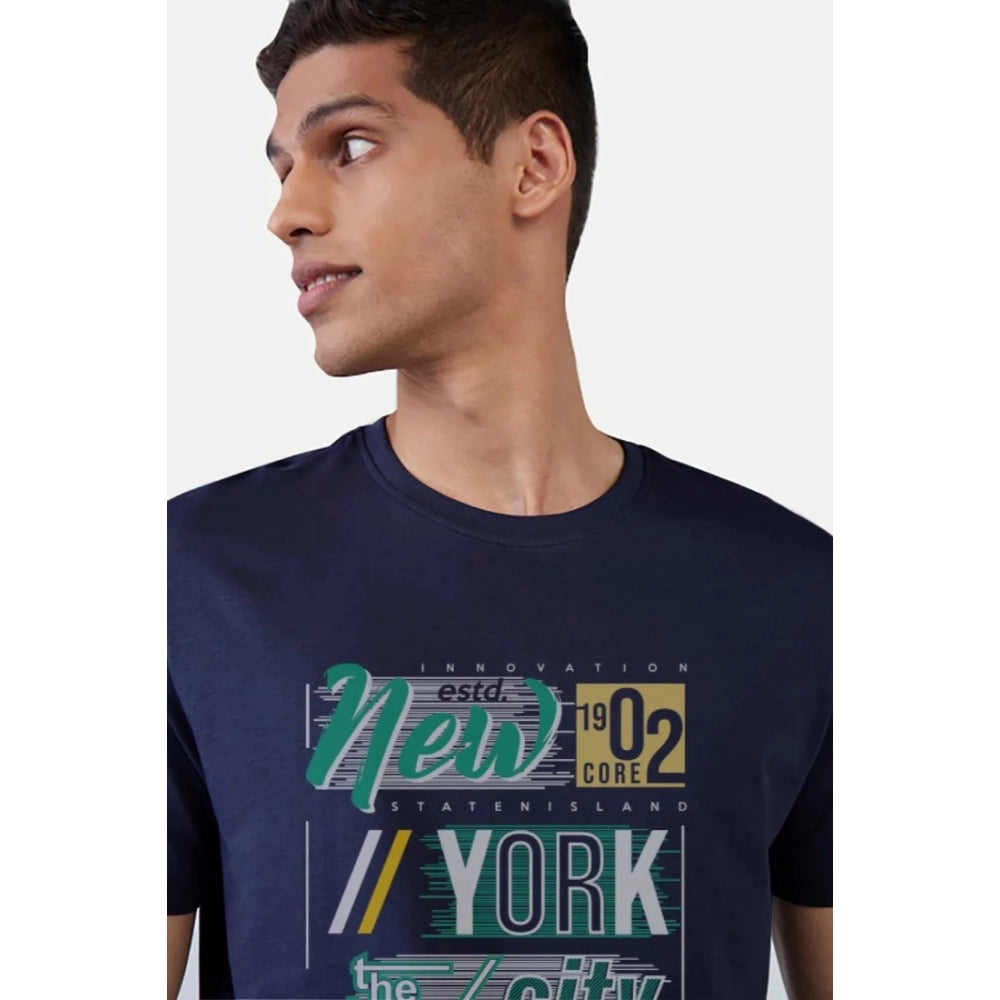 Generic Men's Casual Half sleeve Printed Polyester Crew Neck T-shirt (Navy)