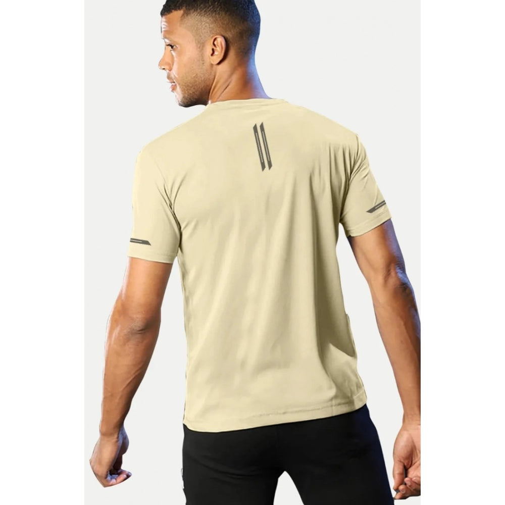 Generic Men's Casual Half sleeve Solid Polyester Crew Neck T-shirt (Sand)