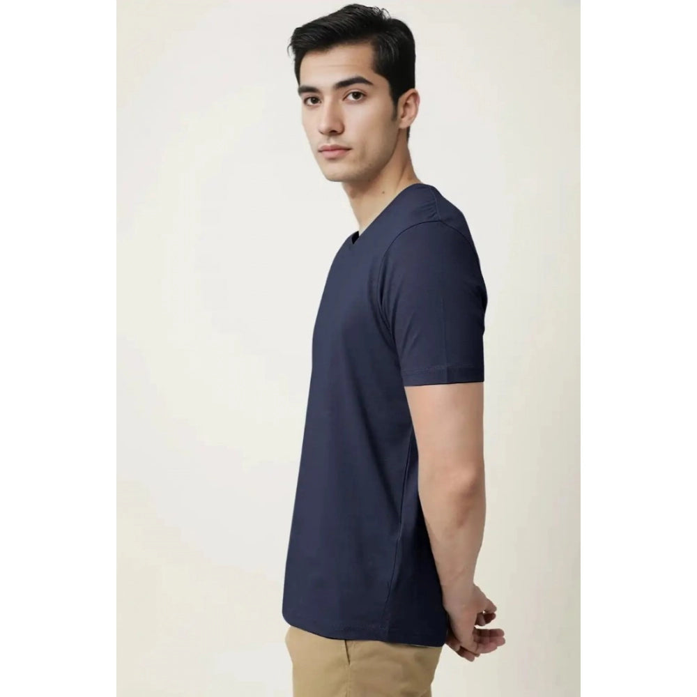 Generic Men's Casual Half sleeve Solid Cotton V Neck T-shirt (Navy)