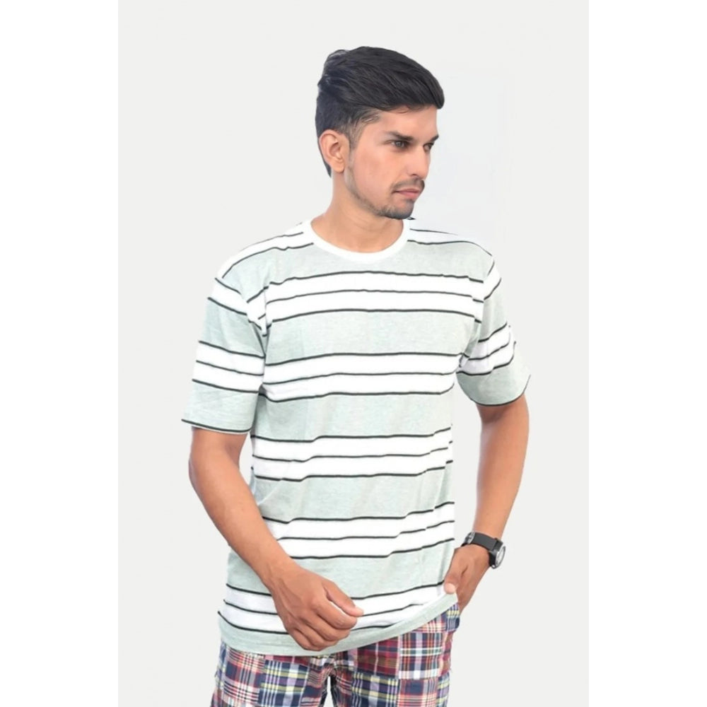 Generic Men's Casual Half sleeve Stripped Cotton Crew Neck T-shirt (White )