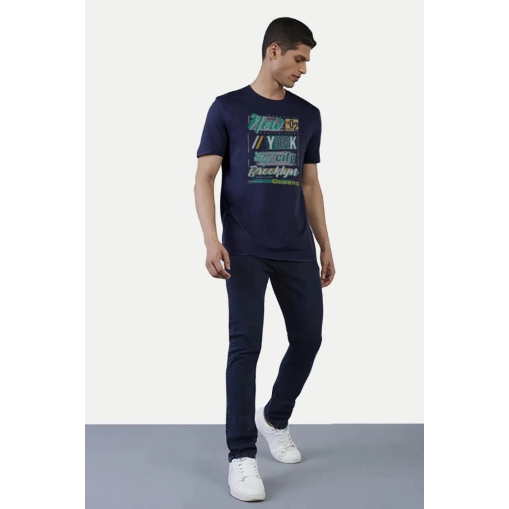 Generic Men's Casual Half sleeve Printed Polyester Crew Neck T-shirt (Navy)