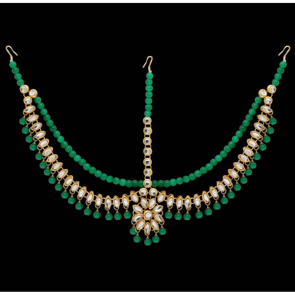 Generic Women's Green Color Imitation Pearl & Kundan Work Matha Patti