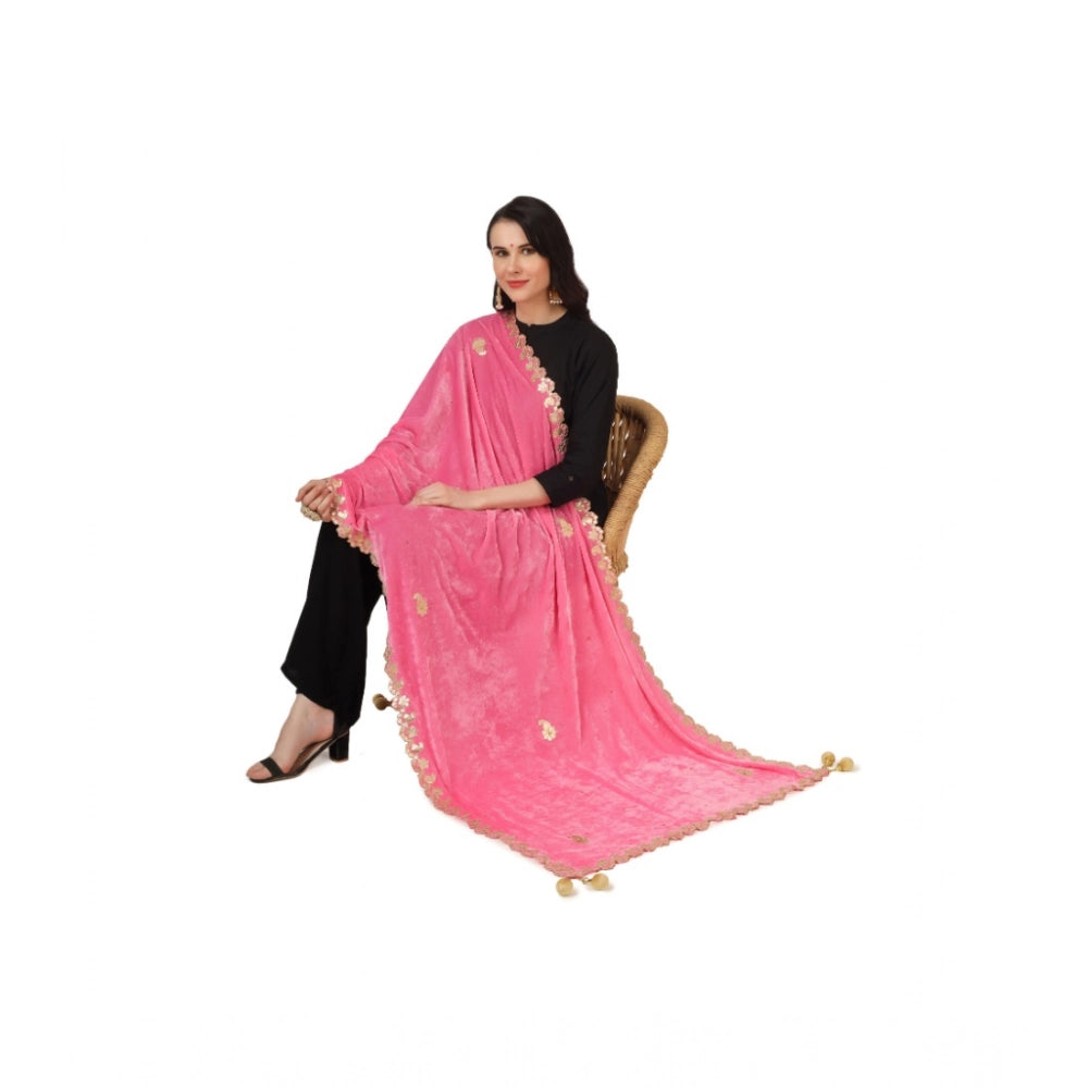 Generic Women's Velvet Gotta Patti Dupatta (Pink, Length: 2.25 to 2.50 Mtr)