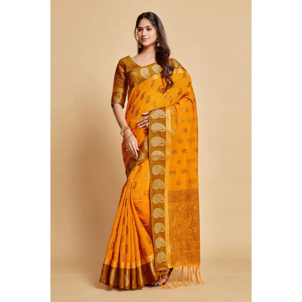 Generic Women's Chanderi Cotton Printed Saree With Unstitched Blouse (Mustard, 5-6 Mtrs)