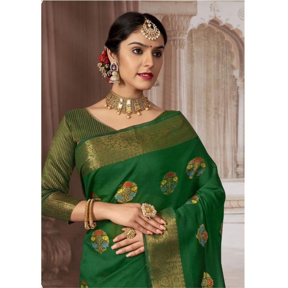 Generic Women's Linen Printed Saree With Unstitched Blouse (Dark Green, 5-6 Mtrs)