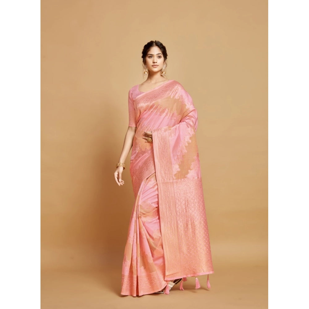 Generic Women's Linen Printed Saree With Unstitched Blouse (Pink, 5-6 Mtrs)