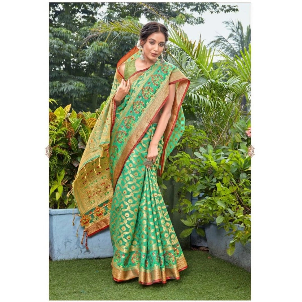 Generic Women's Organza Printed Saree With Unstitched Blouse (Green, 5-6 Mtrs)