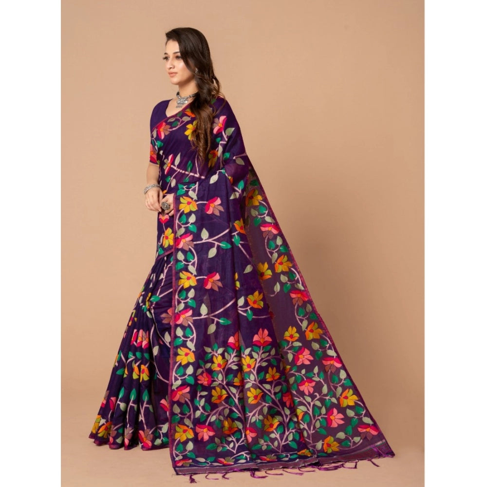 Generic Women's Cotton Printed Saree With Unstitched Blouse (Wine, 5-6 Mtrs)