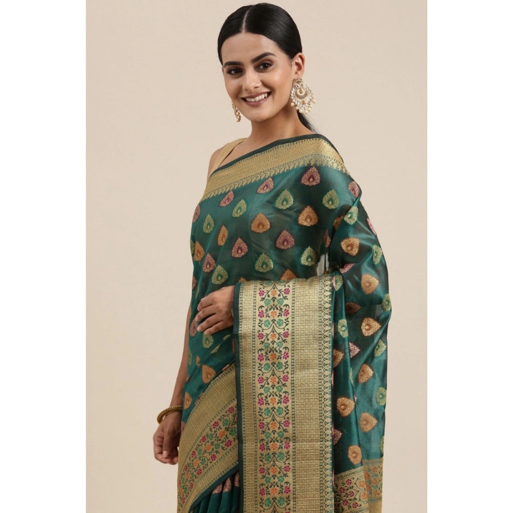 Generic Women's Organza Printed Saree With Unstitched Blouse (Sea Green, 5-6 Mtrs)