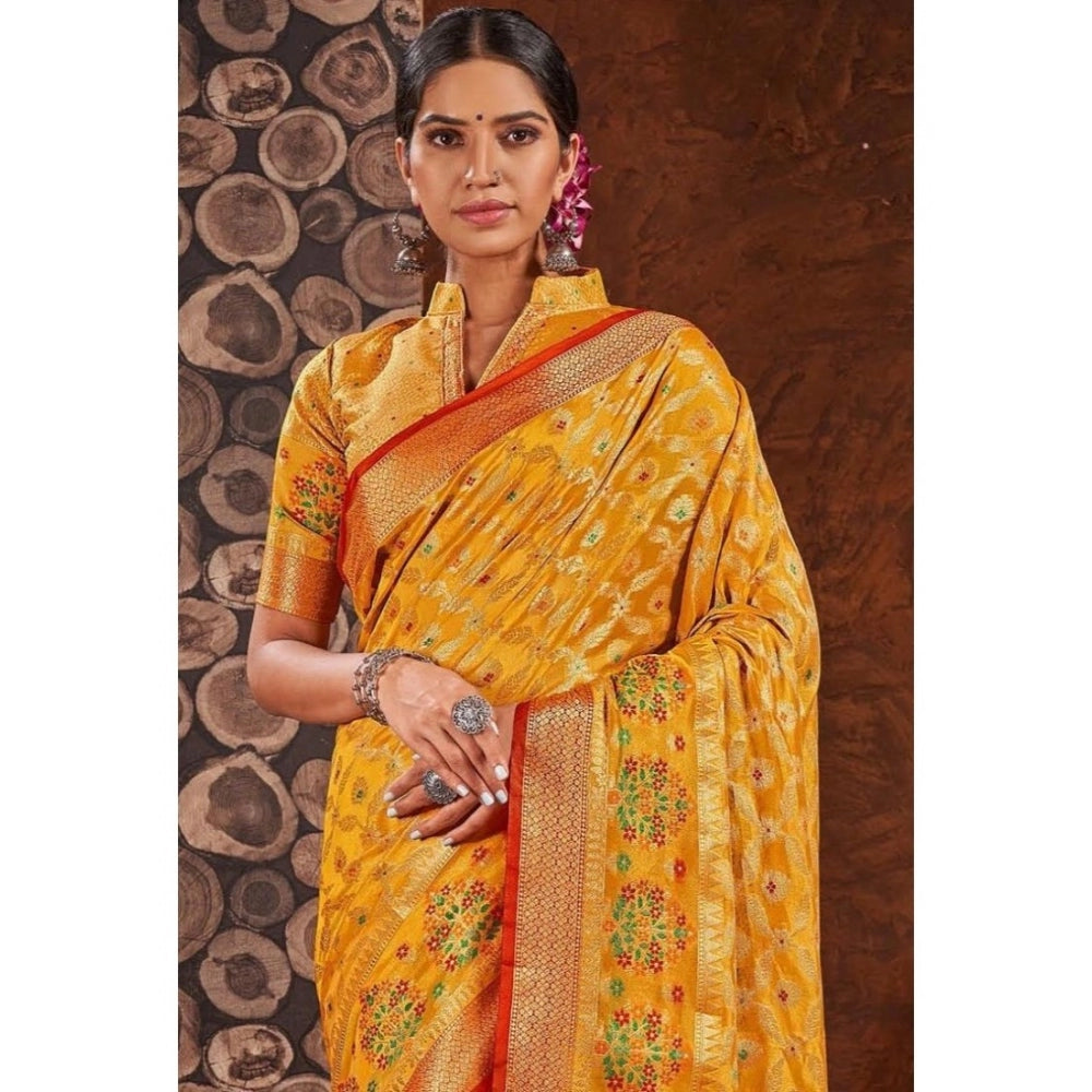 Generic Women's Organza Printed Saree With Unstitched Blouse (Yellow, 5-6 Mtrs)