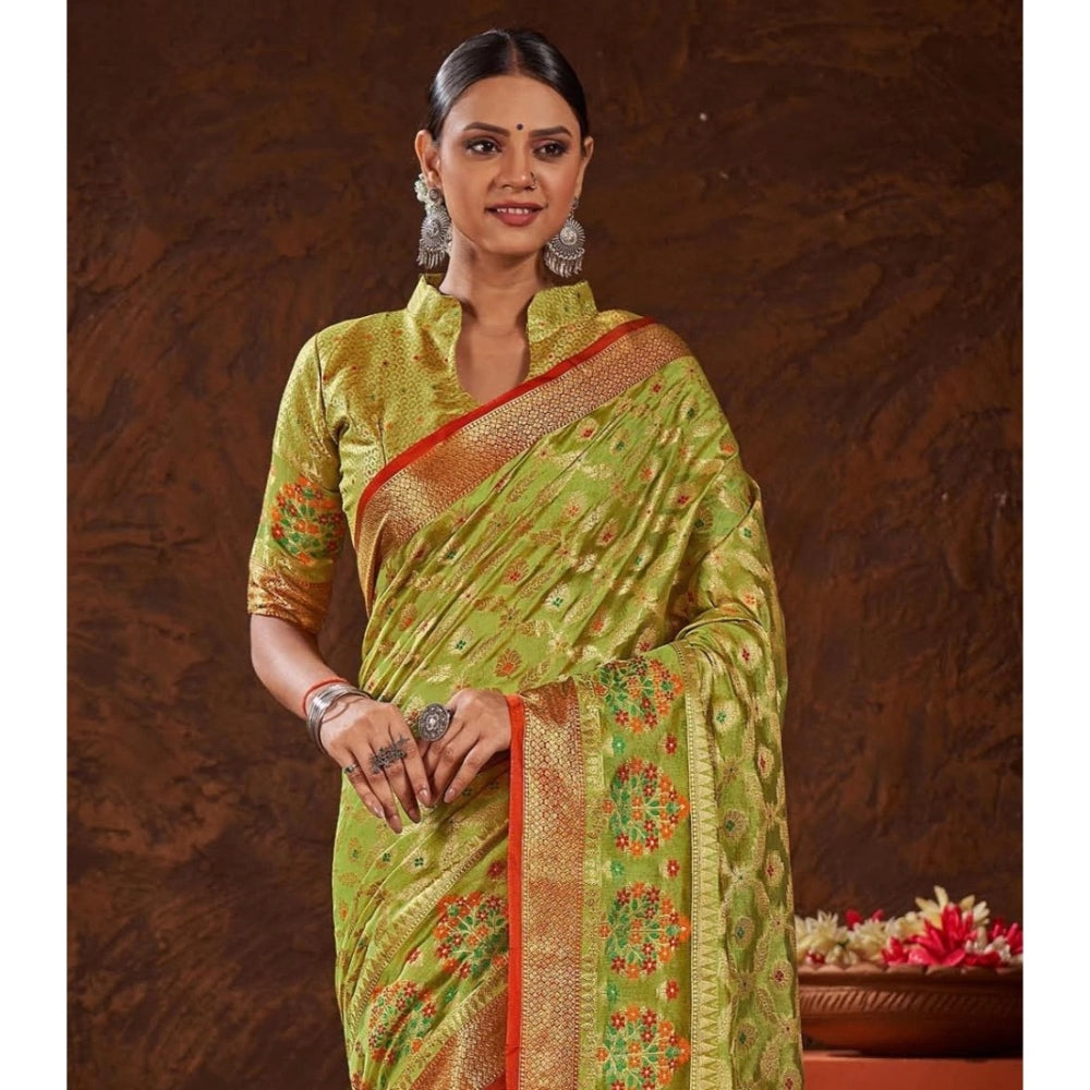 Generic Women's Organza Printed Saree With Unstitched Blouse (Parrot Green, 5-6 Mtrs)