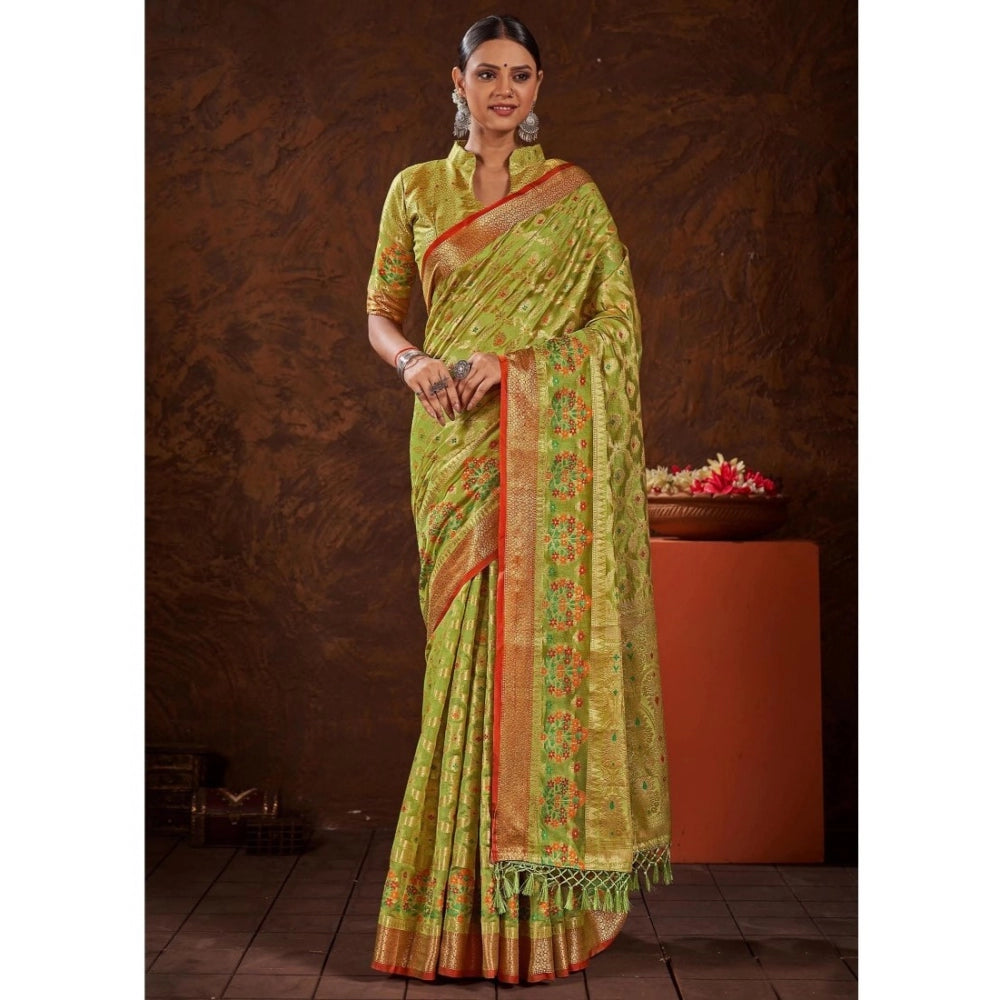 Generic Women's Organza Printed Saree With Unstitched Blouse (Parrot Green, 5-6 Mtrs)