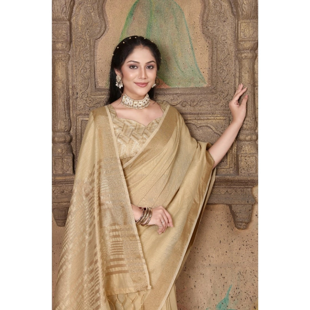 Generic Women's Soft Linen Striped Saree With Unstitched Blouse (Beige, 5-6 Mtrs)