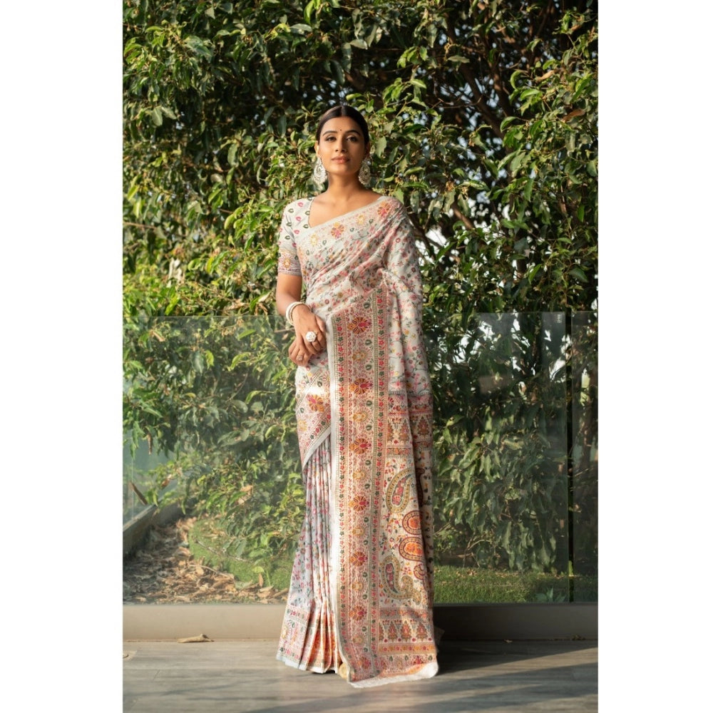 Generic Women's Linen Printed Saree With Unstitched Blouse (Off-White, 5-6 Mtrs)