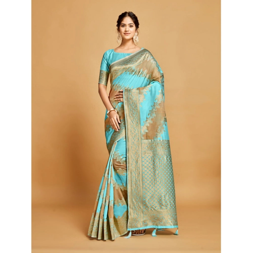 Generic Women's Linen Printed Saree With Unstitched Blouse (Sky Blue, 5-6 Mtrs)