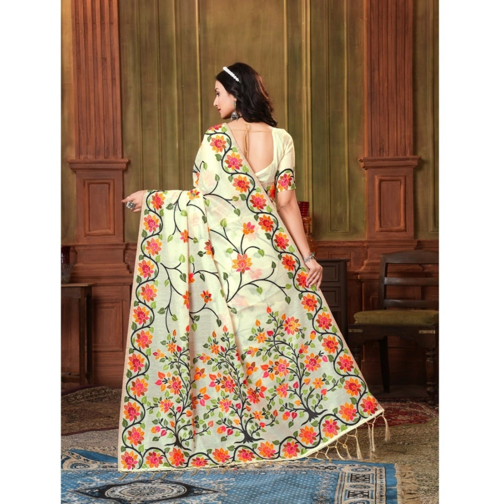 Generic Women's Organza Printed Saree With Unstitched Blouse (White, 5-6 Mtrs)