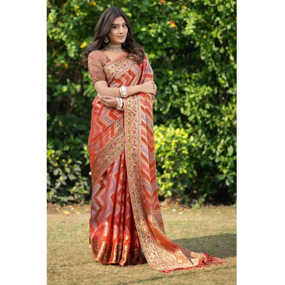 Generic Women's Organza Printed Saree With Unstitched Blouse (Orange, 5-6 Mtrs)