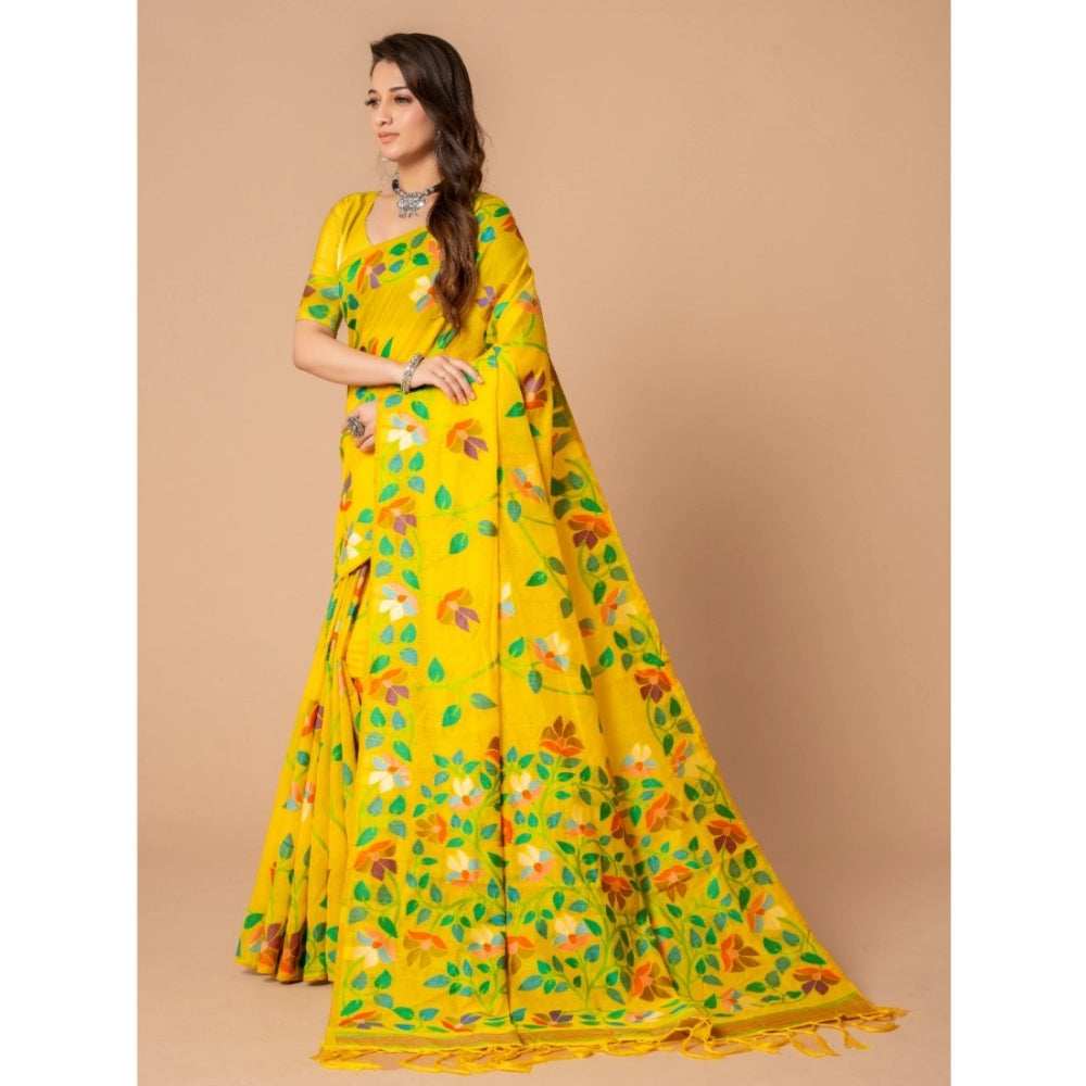 Generic Women's Cotton Printed Saree With Unstitched Blouse (Yellow, 5-6 Mtrs)
