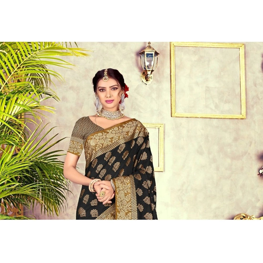 Generic Women's Chanderi Cotton Printed Saree With Unstitched Blouse (Black, 5-6 Mtrs)