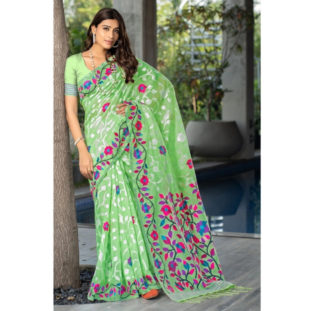 Generic Women's Cotton Printed Saree With Unstitched Blouse (Green, 5-6 Mtrs)