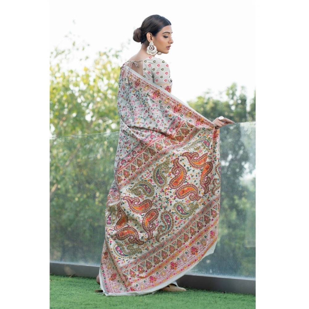 Generic Women's Linen Printed Saree With Unstitched Blouse (White, 5-6 Mtrs)