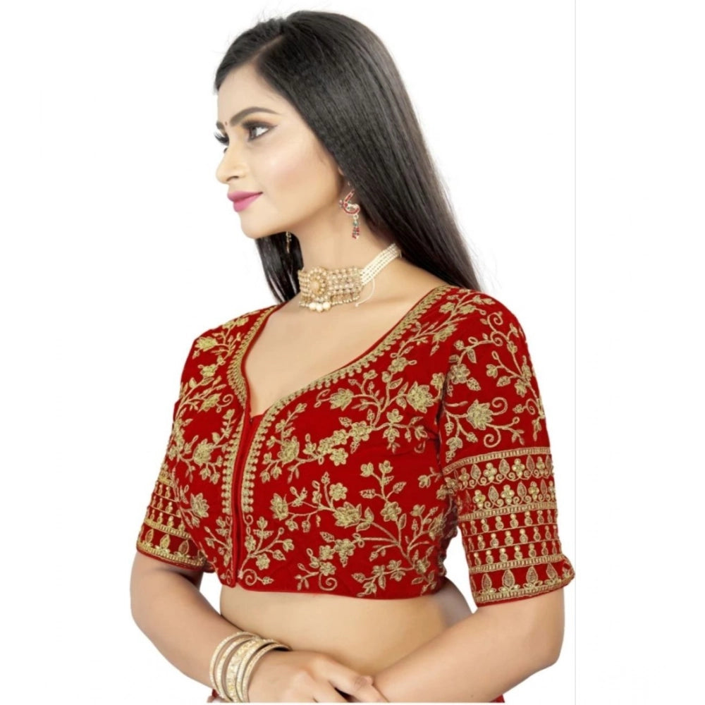 Generic Women's Velvet Embroidery Readymade Blouse (Red, Size: Free Size)