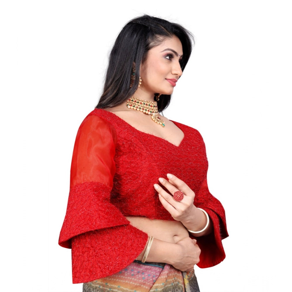 Generic Women's Organza Embroidery Readymade Blouse (Red, Size: Free Size)