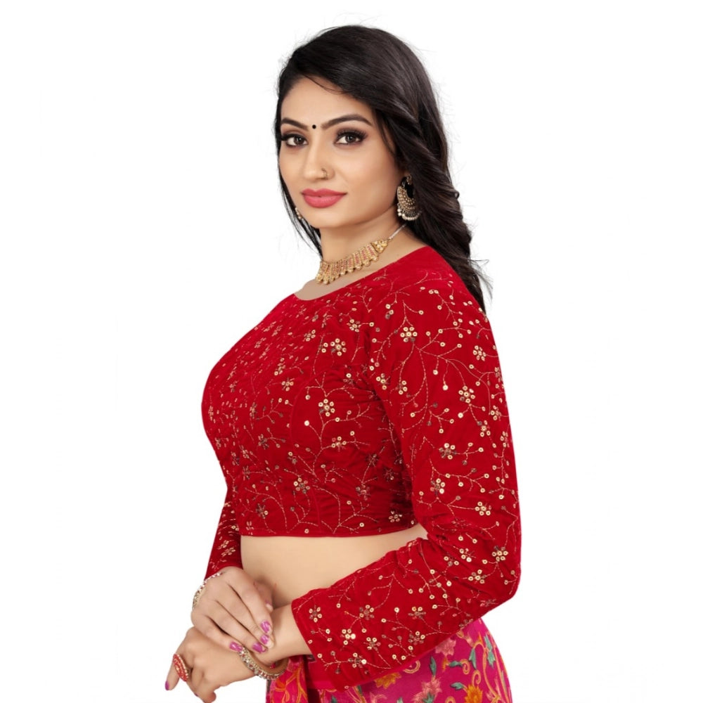 Generic Women's Velvet Embroidery Readymade Blouse (Red, Size: Free Size)