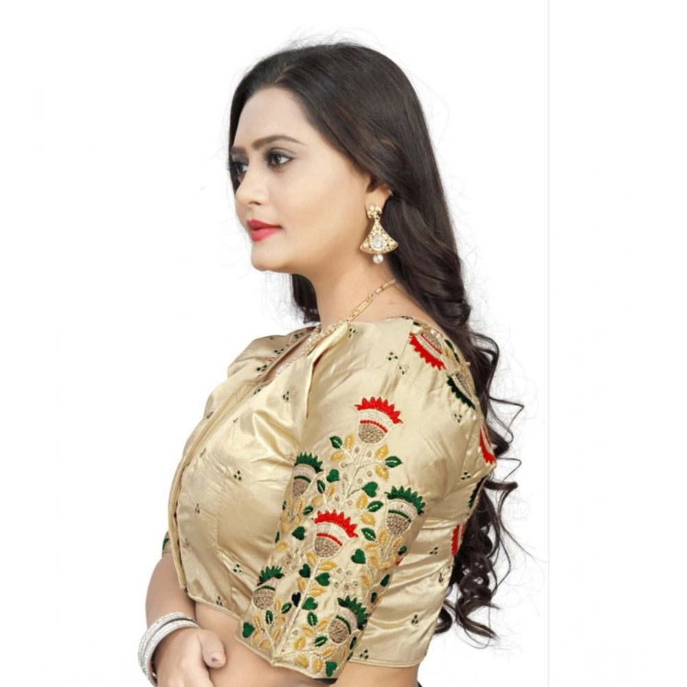 Generic Women's Malai Silk Floral Readymade Blouse (Cream, Size: Free Size)