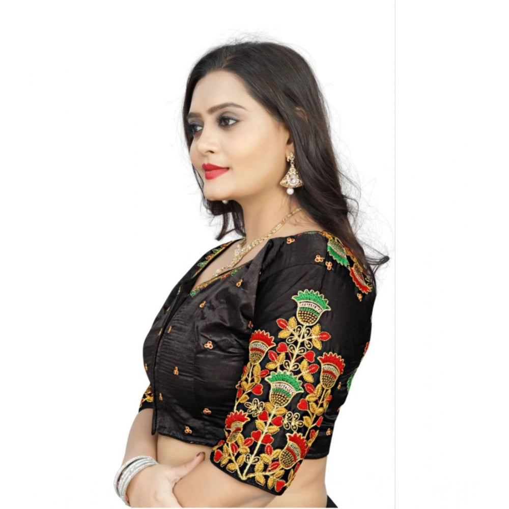 Generic Women's Malai Silk Floral Readymade Blouse (Black, Size: Free Size)