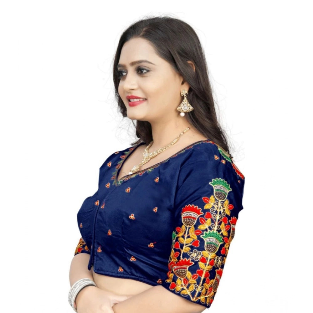 Generic Women's Malai Silk Floral Readymade Blouse (Navy Blue, Size: Free Size)