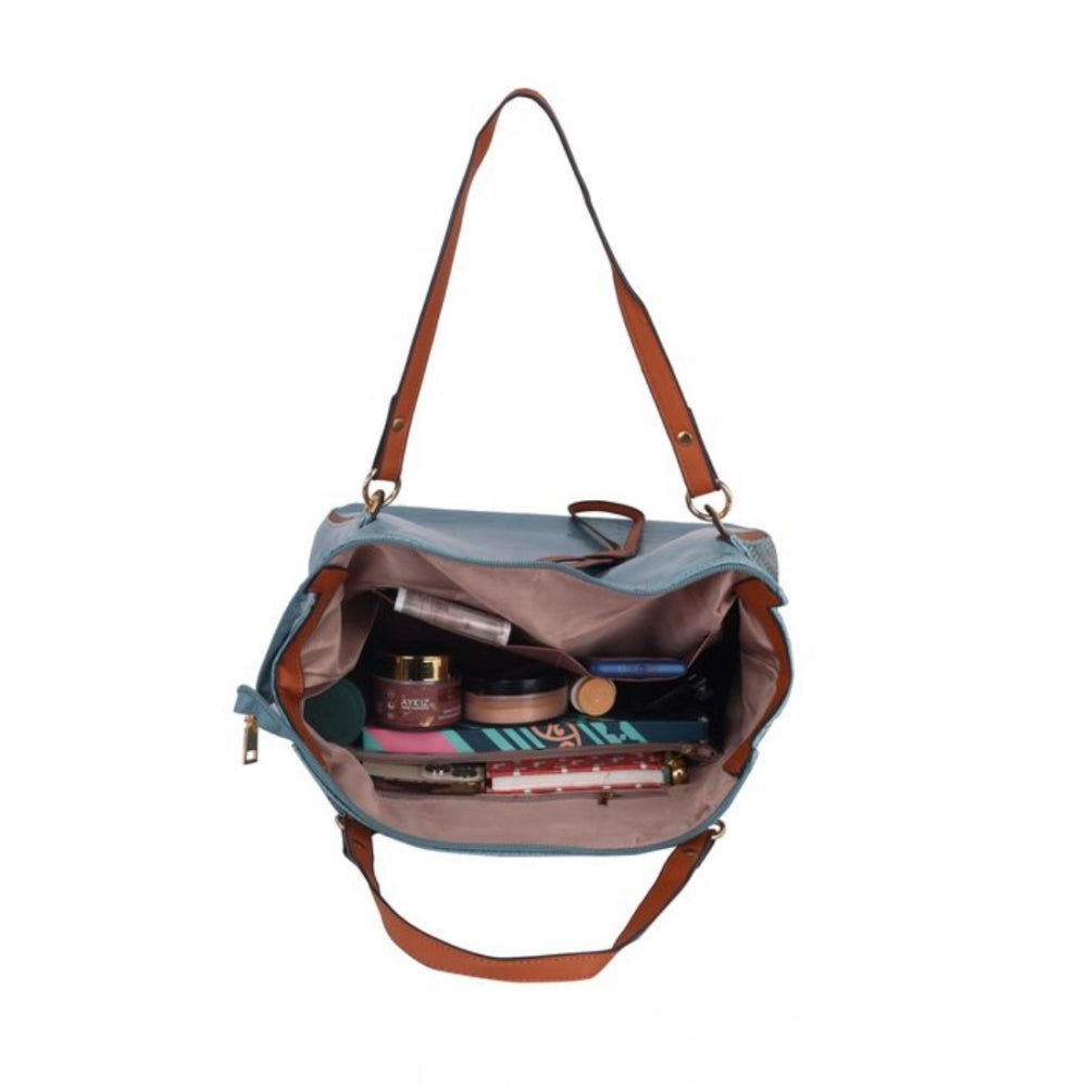 Generic Women's Faux Leather Textured Tote Bag (Blue)