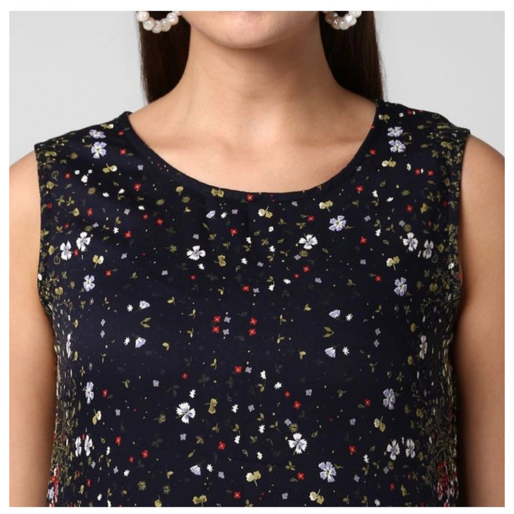 Generic Women's Rayon Floral Sleeveless Calf-length Dress (Black)
