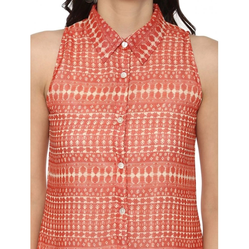 Generic Women's Polyester Printed Sleeveless Above Knee Dress (Orange)