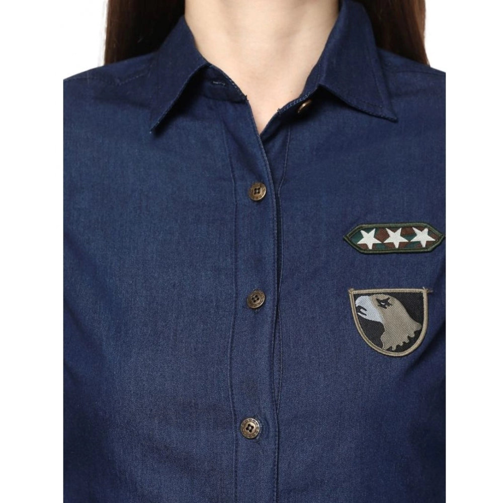 Generic Women's Denim Patch Work Long Sleeves Standard Length Shirt (Blue)