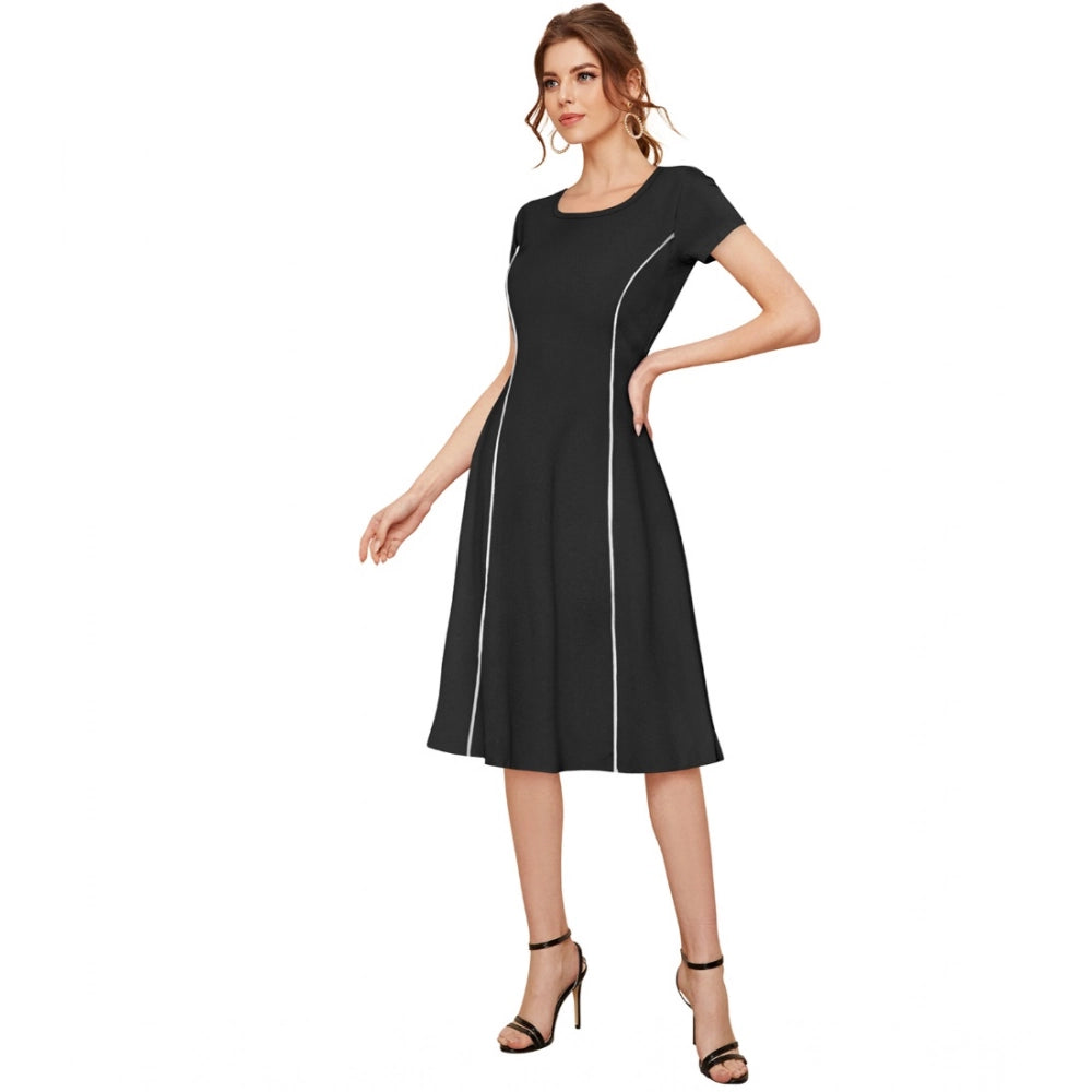 Generic Women's Knitting stretchable Solid Round Neck Cap Sleeve Dress (Black)