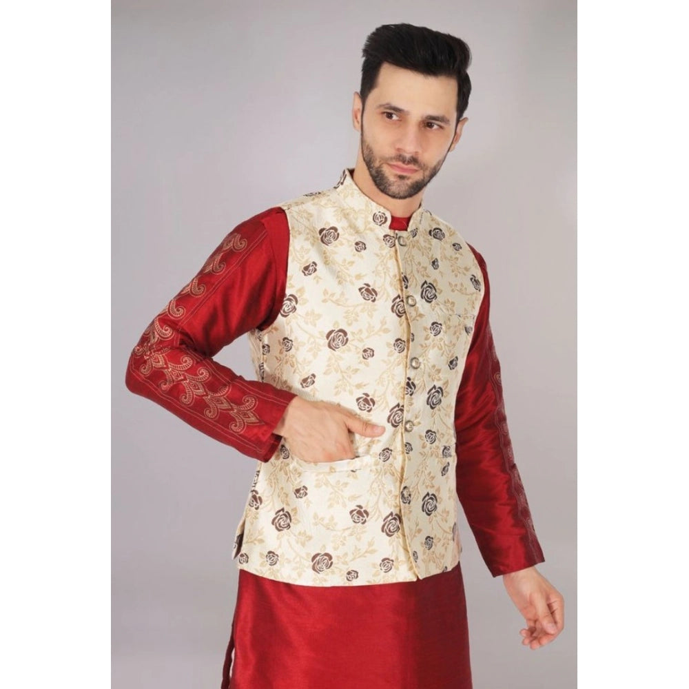 Generic Men's Jacquard Self-Design Sleeveless Mandarin Neck Waistcoat (Cream)