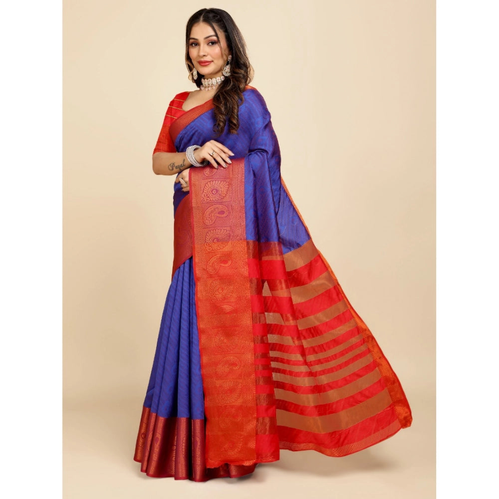Generic Women's Organza Woven Saree With Unstitched Blouse (Blue, 5.5Mtrs)