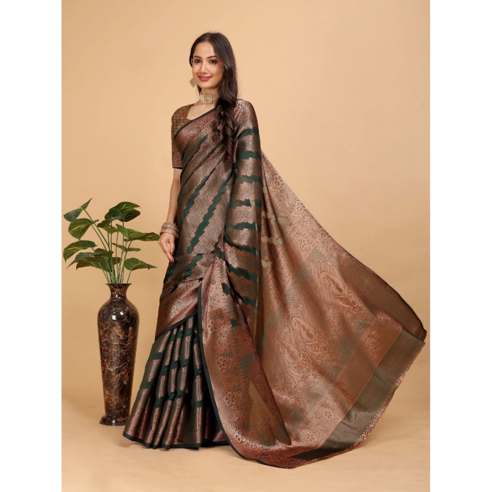 Generic Women's Organza Woven Saree With Unstitched Blouse (Dark Green, 5.5Mtrs)